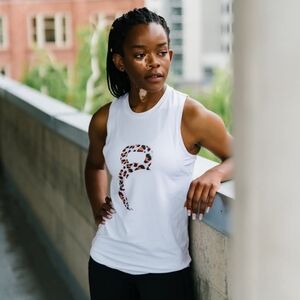 ZYIA White Tank Top with Leopard Print Logo
